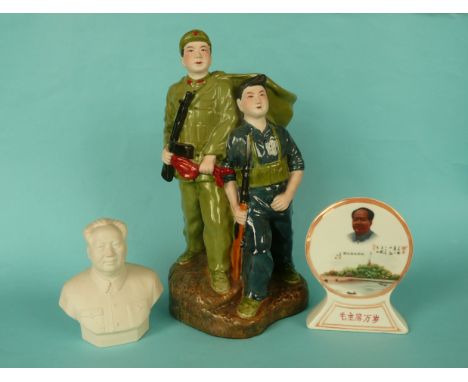 Chinese Revolution: a colourful glazed stoneware group depicting two revolutionaries in uniform, 325mm, a white bisque porcel