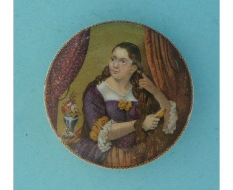 Lady Brushing hair (111) (potlid  pot lid  prattware) 