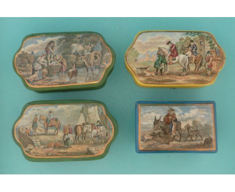 Four Pratt Fenton boxes with coloured borders and matching bases (8) (potlid  pot lid  prattware) 