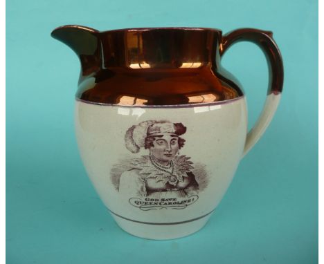 Caroline: a copper lustre banded ‘Green Bag’ jug printed in brown with portrait and verse, circa 1820, 152mm, small hairline 