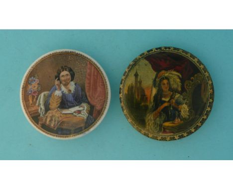 Lady Reading Book (105) and Eastern Lady Dressing Hair (99) restored (2) (potlid  pot lid  prattware) 