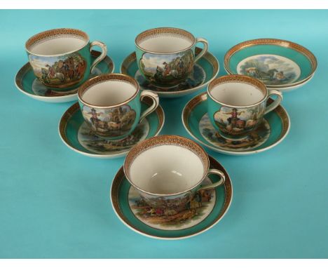 A conical cup and saucer, fine hairline crack to handle, two large cups and saucers, two smaller and two further saucers (12)