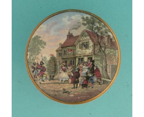 May Day Dancers at the Swan Inn (233) gold banded border complete with blue decorated and gilt banded base (2) (potlid  pot l