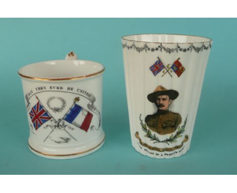 A porcelain mug printed in grey and decorated in colours with crossed flags and inscribed, circa 1855 and a Foley beaker with