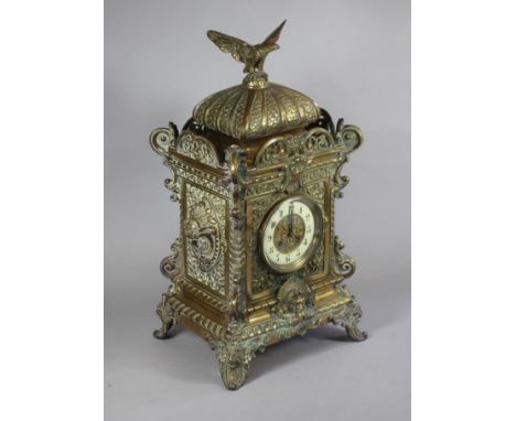 A FRENCH BRASS MANTEL CLOCK by Japy Freres, late 19th century, the twin barrel drum movement stamped No.170752, 4 1/2" dial w