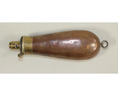 A G & J W HAWKSLEY COPPER PISTOL POWDER FLASK, of plain form, with maker's mark and lanyard ring, 5 1/4" long