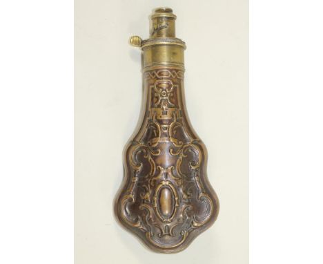 A G. & J.W. HAWKSLEY COPPER POWDER FLASK, of violin form, bearing maker's name and embossed with a vacant cartouche surrounde