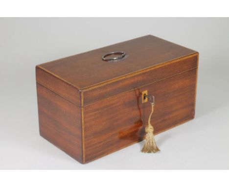 A LATE GEORGE III MAHOGANY TEA CADDY of plain oblong form with satinwood and ebony stringing, silvered copper eliptical handl