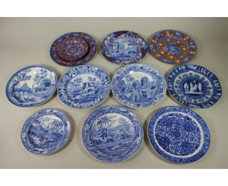 A COLLECTION OF TWELVE SPODE BLUE AND WHITE PRINTED EARTHENWARE PLATES, early 19th century, comprising "Death of the Bear" an