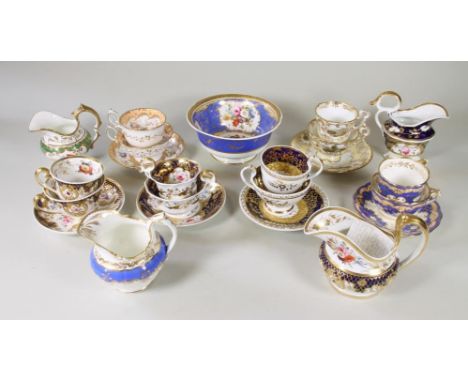 A COLLECTION OF ENGLISH PORCELAIN TEA WARES, early 19th century, comprising a Ridgway scroll panel moulded milk jug and match