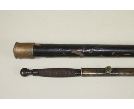 A MASONIC SWORD STICK, with wooden painted body, metal twist off top, sword with 27 1/2" acid etched blade bearing maker's ma