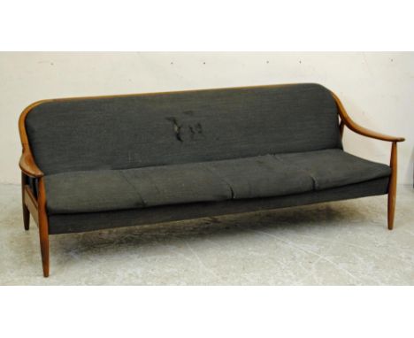A GREAVES & THOMAS 1960'S ORGANIC FORM SOFA BED, the teak frame upholstered in a charcoal grey weave with mustard yellow dama