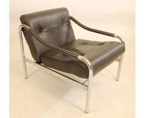 A PIEFF ARMCHAIR, 1960's, in chrome and brown leather, the tubular frame with down curved leather covered arms, button uphols