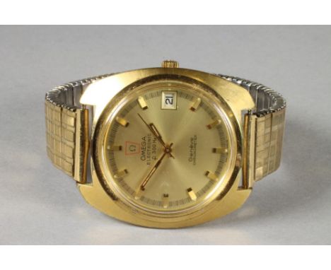 A GENTLEMAN'S GOLD PLATED OMEGA ELECTRONIC CHRONOMETER, the circular gilt dial with applied gilt metal line batons and enclos