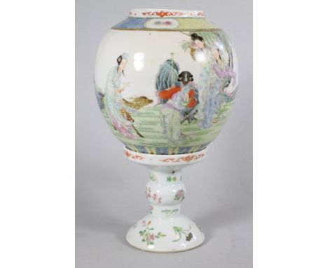 A CHINESE PORCELAIN HURRICANE LAMP, the ovoid shade painted in pastel shades with five ladies in a landscape luring a small s