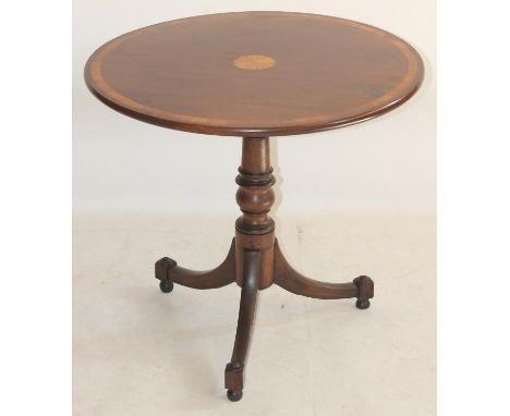 A LATE VICTORIAN MAHOGANY TRIPOD OCCASIONAL TABLE, the circular banded top with stringing and central marquetry roundel raise