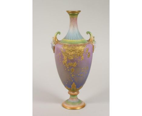 A VICTORIAN ROYAL WORCESTER CHINA VASE, 1896, of flared rounded cylindrical form with fluted neck and mask lug handles, with 