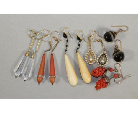A COLLECTION OF SIX VICTORIAN AND LATER PAIRS OF PENDANT EARRINGS including 15ct gold and ivory ear bobs, coral bead grape bu