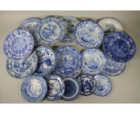A COLLECTION OF SEVENTEEN WEDGWOOD AND OTHER BLUE AND WHITE PRINTED EARTHENWARE PLATES, early 19th century, including Waterli