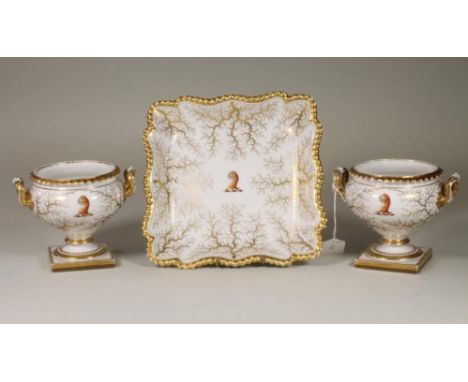 A PAIR OF FLIGHT, BARR & BARR WORCESTER PORCELAIN ARMORIAL SAUCE TUREENS, c.1820, of rounded conical form with everted gadroo