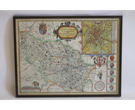 JOHN SPEED (1552-1629), "The West Riding of Yorkshyre ...1610", hand coloured engraved map with title cartouche, six coats of