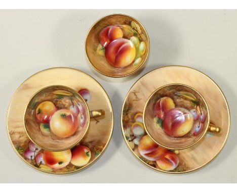 A PAIR OF ROYAL WORCESTER CHINA MINIATURE TEACUPS AND SAUCERS, modern, all over painted in polychrome enamels with still life