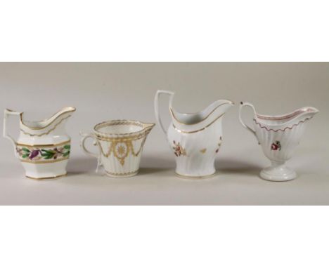 FOUR ENGLISH PORCELAIN JUGS, c.1800, comprising a Caughley flared ribbed cylindrical jug with scroll handle, gilded with husk