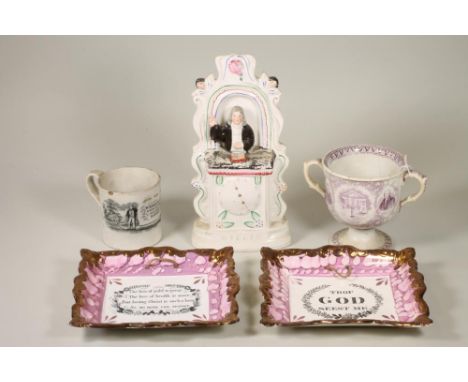 OF WESLEYAN INTEREST - a pair of Sunderland lustre plaques, c.1820, of shaped oblong form centrally painted in black with "Th