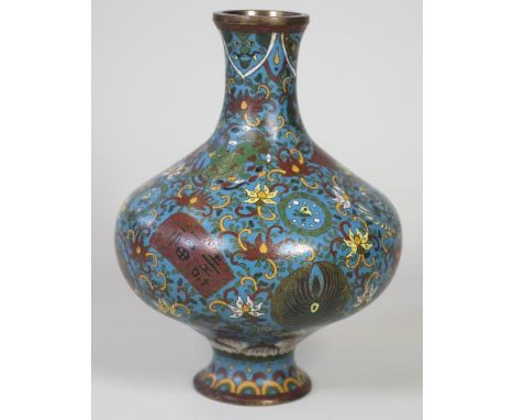 A CHINESE CLOISONNE ENAMEL VASE of squat globular form on a swept foot, inlaid in colours with stylised flowers, birds and an