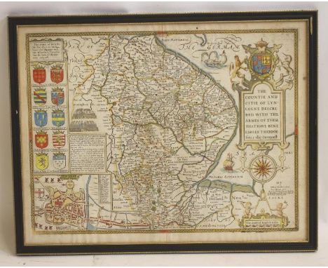 JOHN SPEED (1552-1629), "The Countie &amp; Citie of Lyncolne described .....", hand coloured engraved map with title cartouch