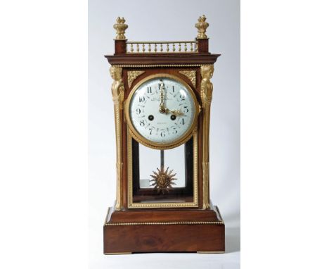 A FRENCH MAHOGANY AND ORMOLU FOUR GLASS MANTEL CLOCK, late 19th century, the Vincenti twin barrelled drum movement striking o