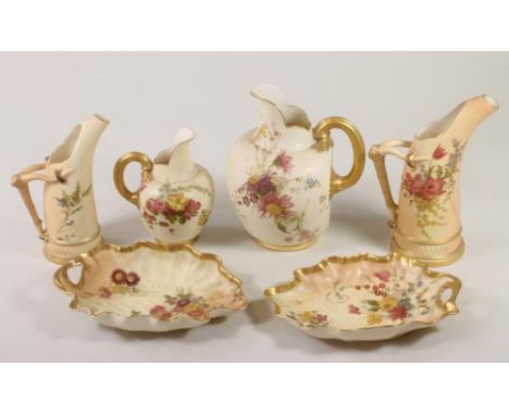 A COLLECTION OF LATE VICTORIAN ROYAL WORCESTER BLUSH IVORY PORCELAIN comprising a pair of leaf shaped dessert dishes, 1899/19