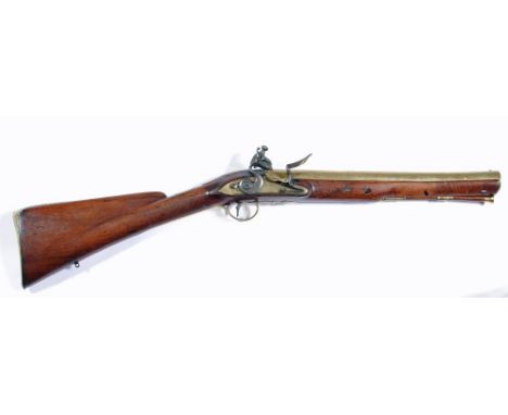 A FLINTLOCK BLUNDERBUSS BY MORTIMER, LONDON, late 18th century, the 14 1/4" flared brass barrel with pin stripe decoration an