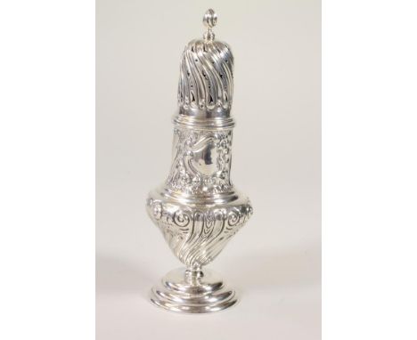 A LATE VICTORIAN SILVER SUGAR CASTOR, maker possibly T Hayes, Birmingham 1891, of wrythen fluted vase form, the lift-off cove