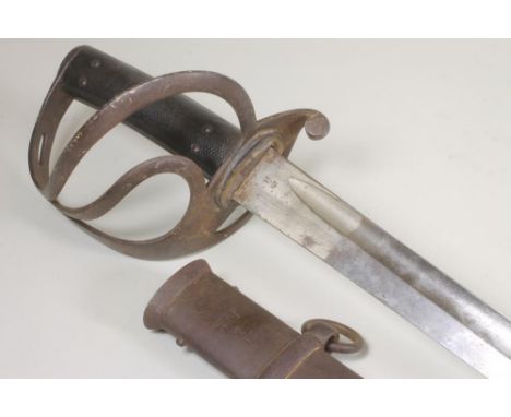 AN 1853 PATTERN CAVALRY TROOPER'S SWORD, the 35" fullered blade inscribed "B" and stamped with a crown over 14, basket hilt w