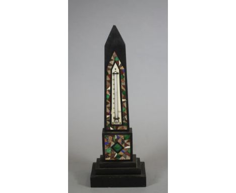 A VICTORIAN ASHFORD MARBLE OBELISK THERMOMETER, the black marble stand inlaid in shaped and polished hardstones including mal