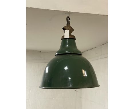 A large industrial green and white enamel pendent light, early to mid 20th century. H55cm.&nbsp;