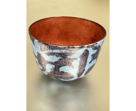 Property of the late Countess Haig, a Poldi brass enamel dish with powdered turquoise blue and plum coloured abstract design 