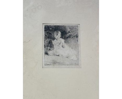 Andrew Geddes (Scottish 1783-1844), Portrait of a child with an apple, engraving, framed. (14cmx10.5cm)