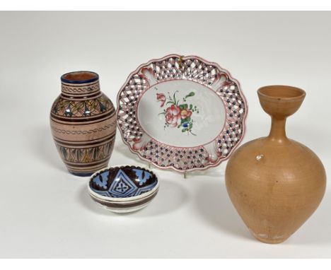 Property of the late Countess Haig, a collection of pottery to include a French fiance oval pierced dish with rose floral ena