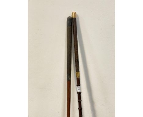 A 19th century gold mounted hawthorn coaching whip with leather handle, the mounts stamped 'F.W. 15 - 625' (L145cm) together 