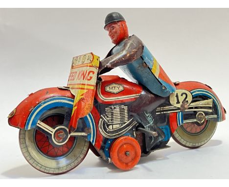 A vintage 'Speed King' tin plated mechanical motorcycle toy (marked 'MTY Made in GT Britain', possibly Mettoy, h- 13cm, w- 21
