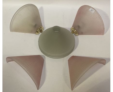 A pair of Art Deco style frosted pink glass wall sconces, (W26cm) together with a pair of conforming shades, and a set of thr