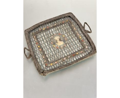 Property of the late Countess Haig, a French dressing table jewellery tray with central printed cloth portrait of a 18thc lad