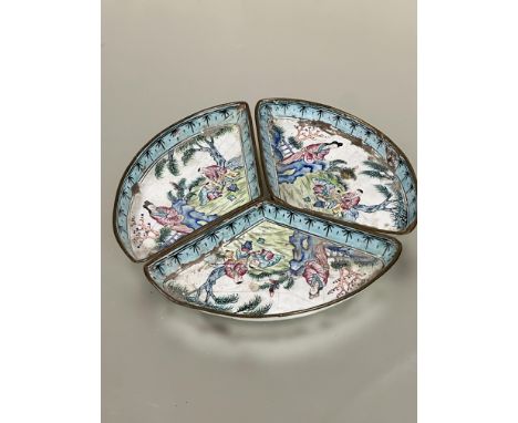 Property of the late Countess Haig, a set of three Peking enamel Chinese triangular shaped serving dishes decorated with figu