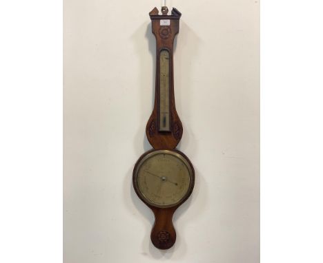 A George III mahogany mercury barometer and thermometer, the banjo pattern case inlaid with box and tulipwood paterae, enclos