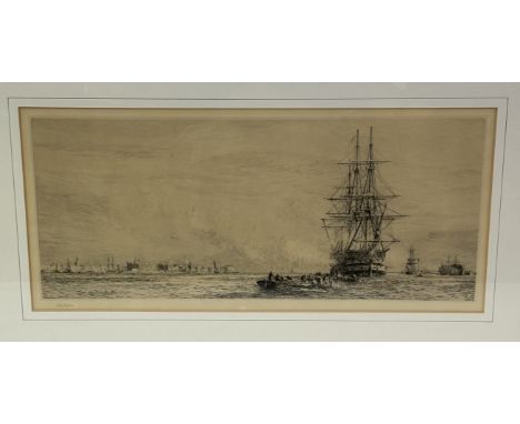 William Lionel Wyllie R.A (British 1851-1931), "HMS Victory firing a salute at Portsmouth", etching, signed pencil bottom lef