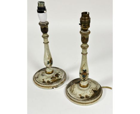 Property of the late Countess Haig, a pair of 1920s chinoiserie green painted baluster candle stick table lamps with ducks in