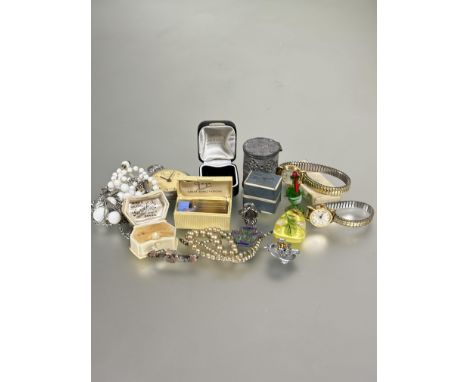 A collection of costume jewellery to include a Railway timekeepers stop watch, two ladys wrist watches, silver brooches, bead
