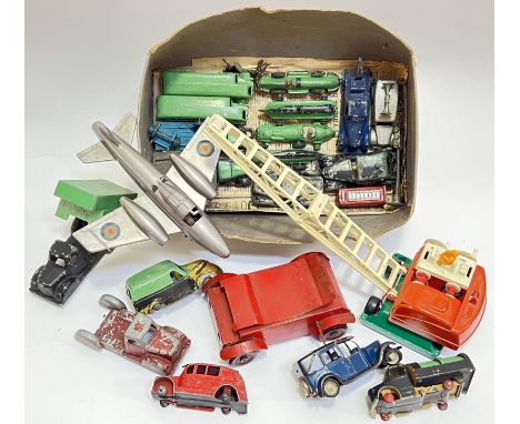 A group of vintage toys to include motor vehicles, battleship, aeroplane, crane, comprising Dinky, Tri-Ang, Mekna etc... (a q